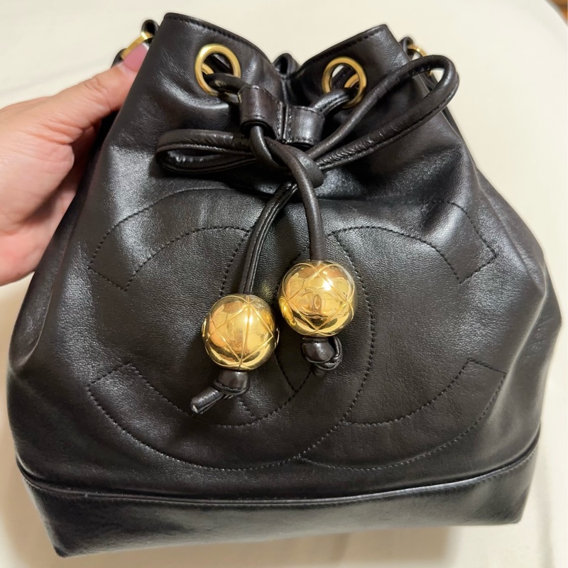 香奈兒 CHANEL vintage 雙C Logo 金球真皮鏈條水桶包 斜背包 子母包-4