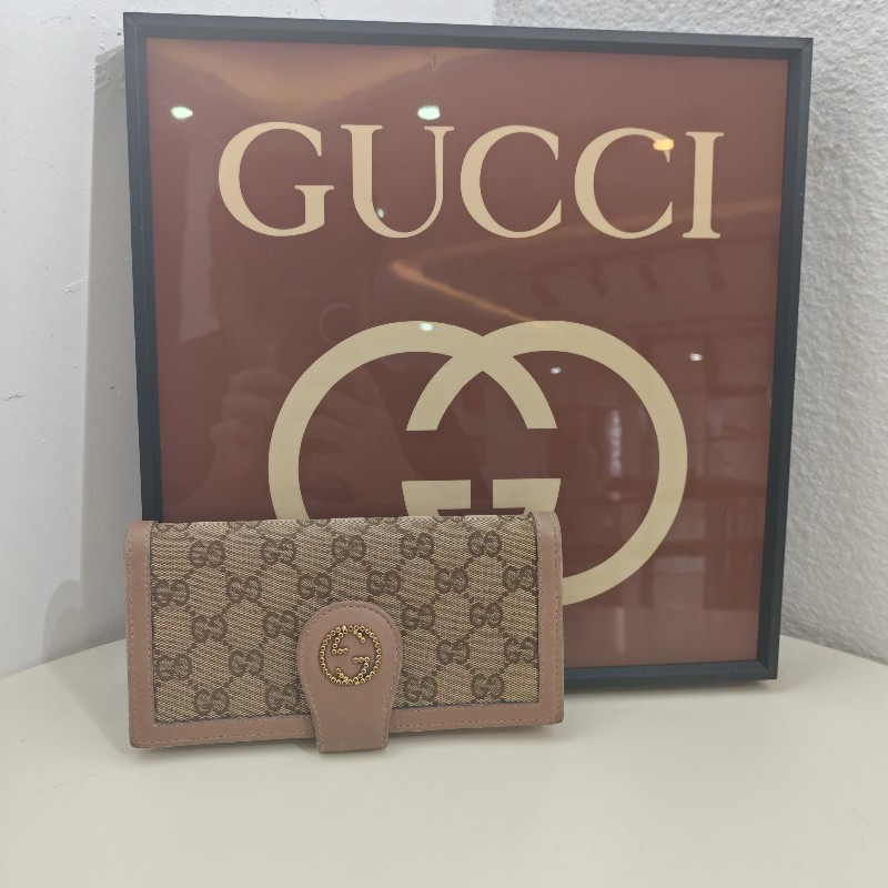 GUCCI老花帆布錢包 金色雙G鉚釘裝飾長夾 銀包-0