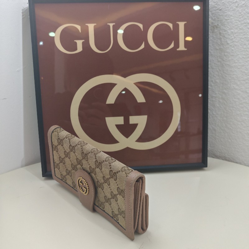 GUCCI老花帆布錢包 金色雙G鉚釘裝飾長夾 銀包-1