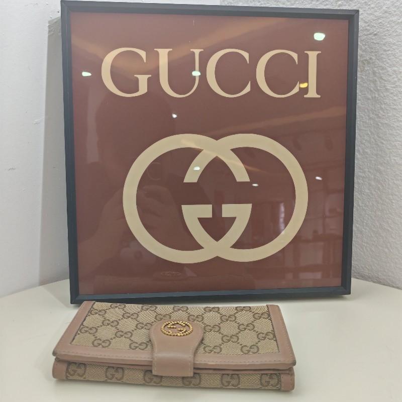 GUCCI老花帆布錢包 金色雙G鉚釘裝飾長夾 銀包-3