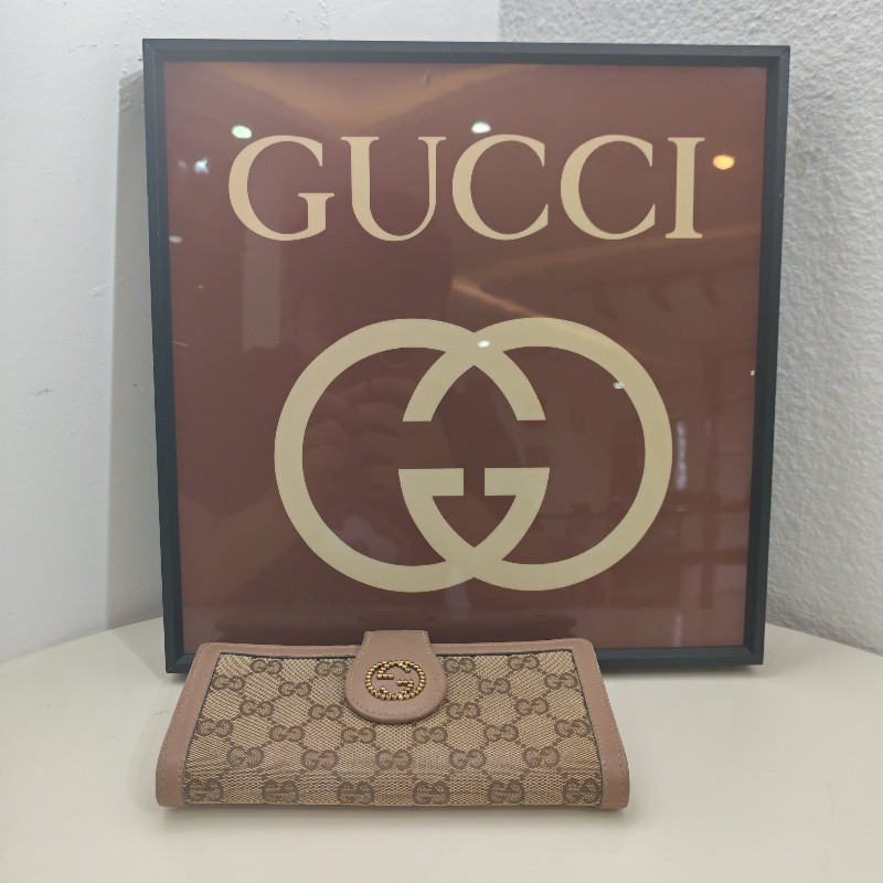 GUCCI老花帆布錢包 金色雙G鉚釘裝飾長夾 銀包-4