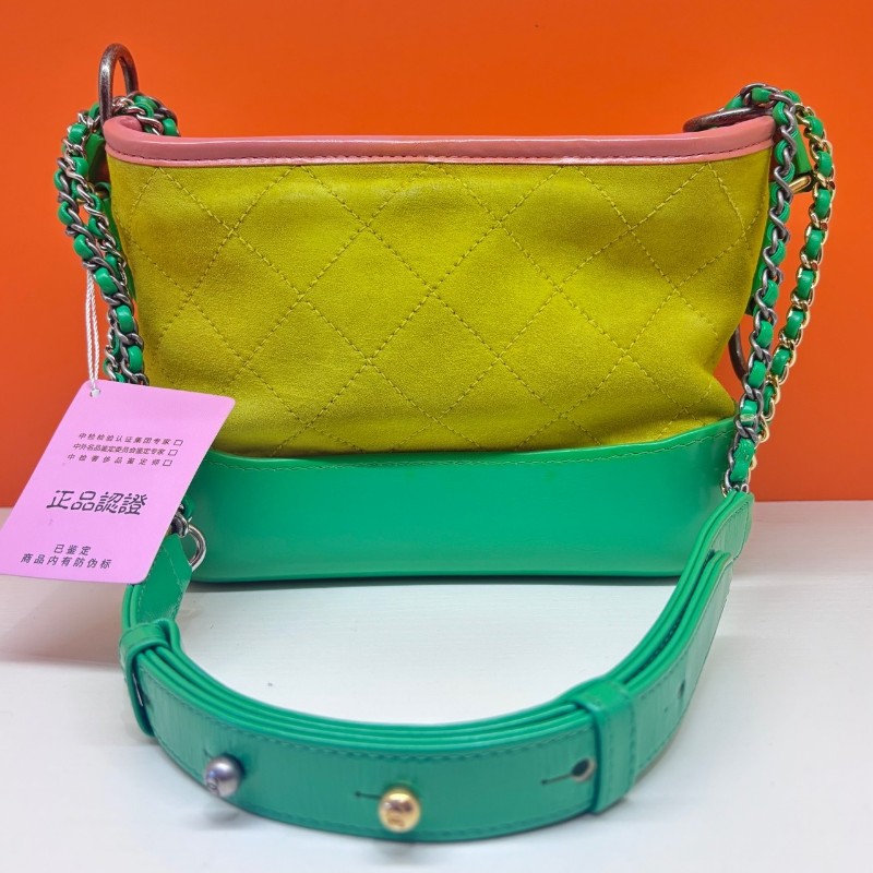 Chanel/香奈兒 檸檬黃拼綠色流浪包 小號 磨砂麂皮拼牛皮 肩背包 斜背包-0