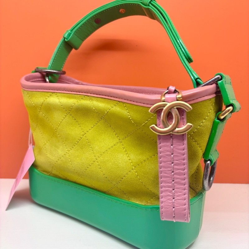 Chanel/香奈兒 檸檬黃拼綠色流浪包 小號 磨砂麂皮拼牛皮 肩背包 斜背包-3