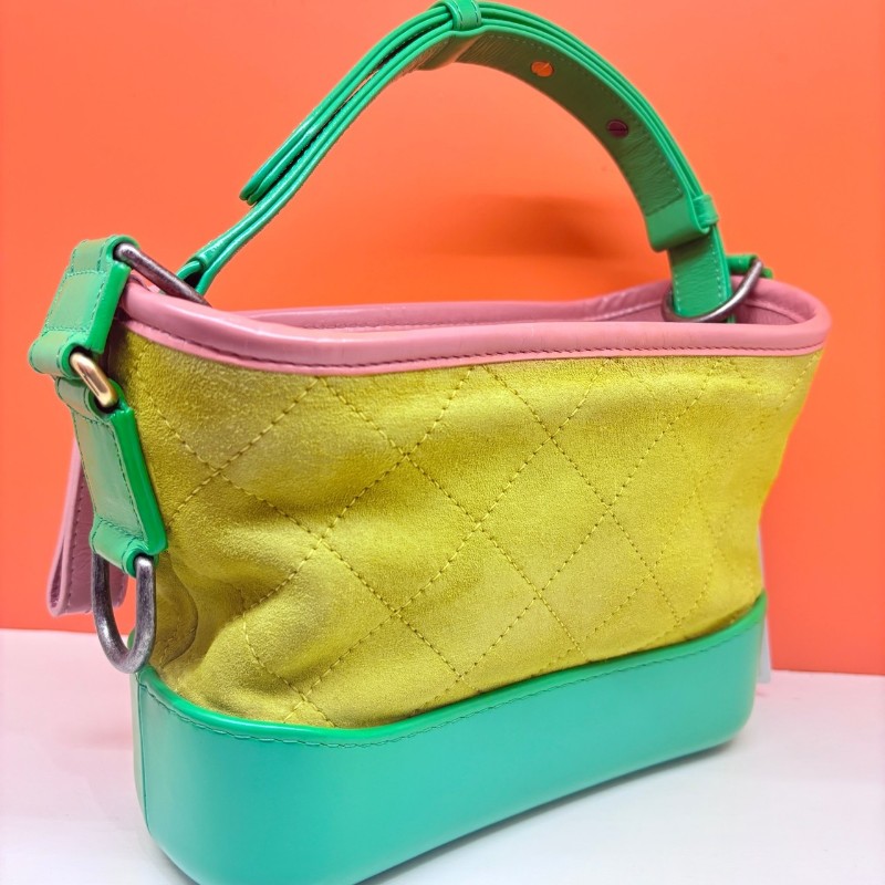 Chanel/香奈兒 檸檬黃拼綠色流浪包 小號 磨砂麂皮拼牛皮 肩背包 斜背包-4