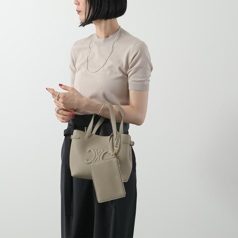 🎉新品好折扣✨Celine 121743 Mini Cabas Anais Cui 粒面皮革托特包 太妃糖灰色-6