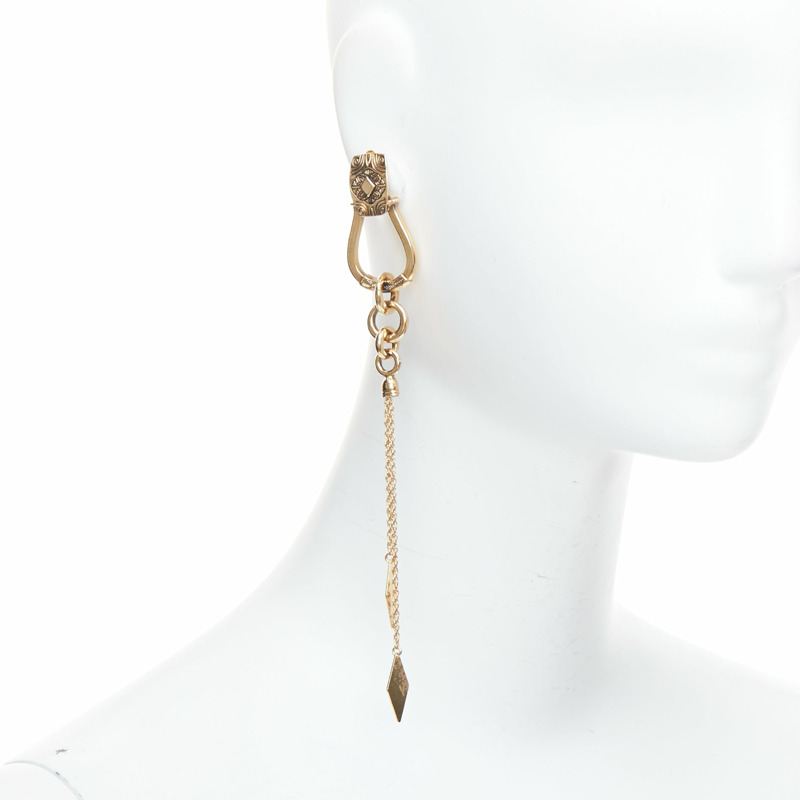 ETRO gold ethnic carvings charm chain drop clip on earring Single-1