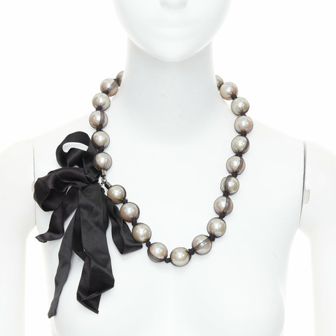 LANVIN black wrapped large faux pearl double ribbon tie princess necklace