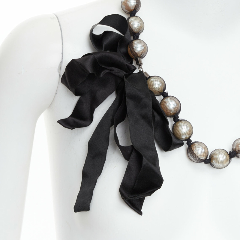 LANVIN black wrapped large faux pearl double ribbon tie princess necklace-2