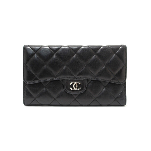 Chanel Black Quilted Lambskin Leather Trifold Flap Wallet
