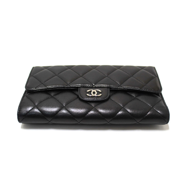 Chanel Black Quilted Lambskin Leather Trifold Flap Wallet-3