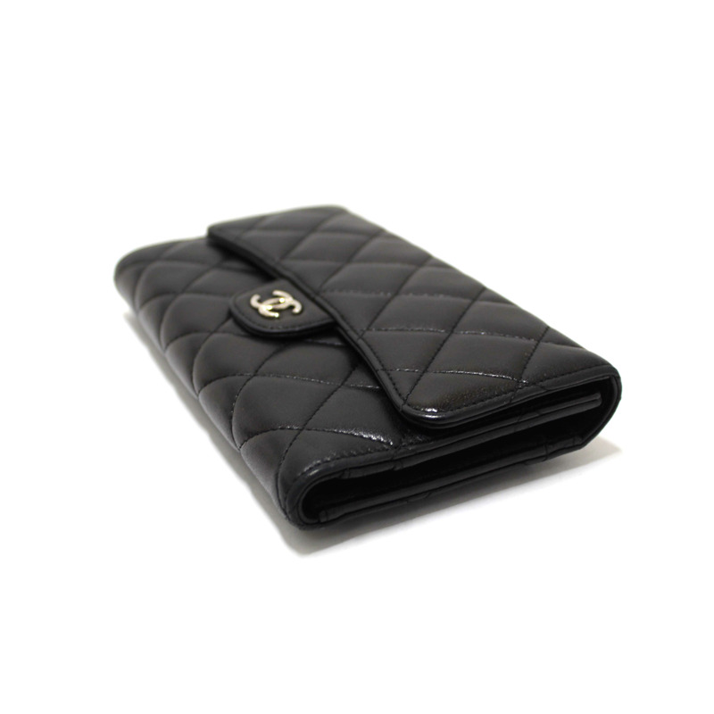 Chanel Black Quilted Lambskin Leather Trifold Flap Wallet-4