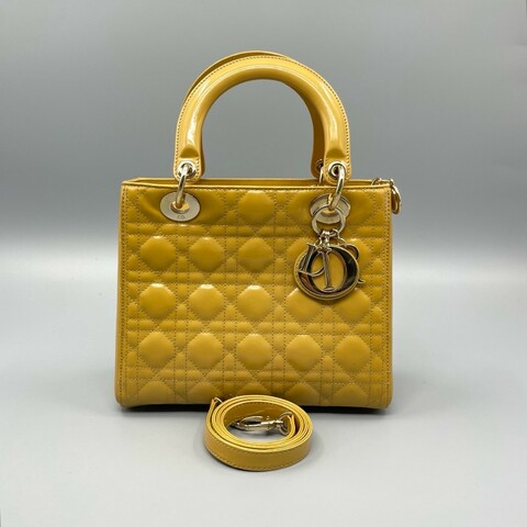 Dior 迪奧 Lady Dior 漆皮黃色戴妃五格 手提包 肩背包