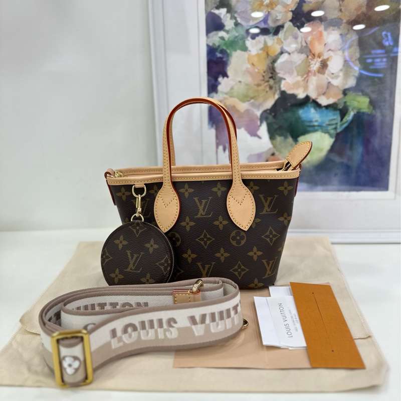 LV 路易威登 老花neverfull bb托特包 mini 配件:奶茶色肩帶、子包、小票 24年買-0