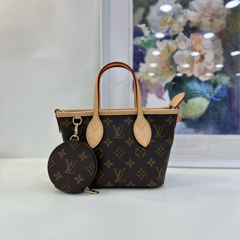 LV 路易威登 老花neverfull bb托特包 mini 配件:奶茶色肩帶、子包、小票 24年買-1