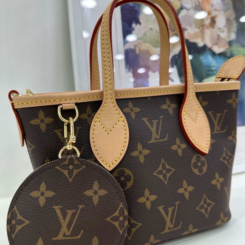LV 路易威登 老花neverfull bb托特包 mini 配件:奶茶色肩帶、子包、小票 24年買-5