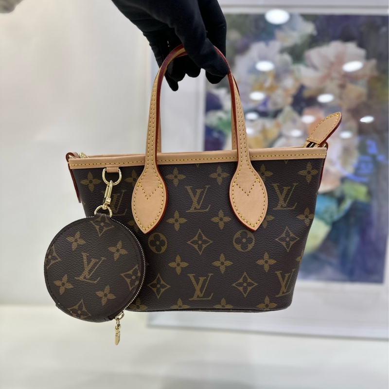 LV 路易威登 老花neverfull bb托特包 mini 配件:奶茶色肩帶、子包、小票 24年買-6