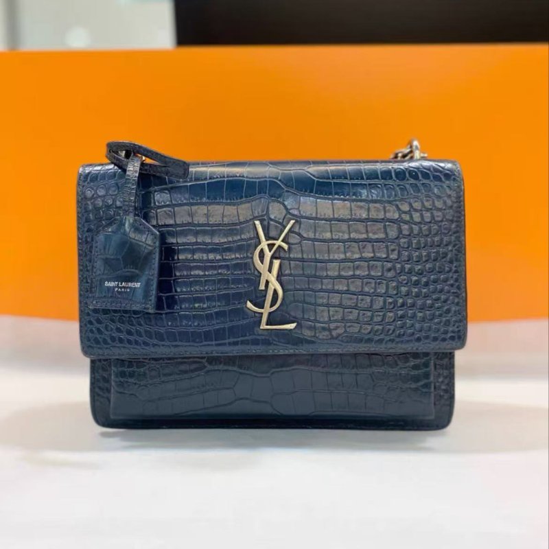 YSL 日落系列 中號藍色鱷魚壓紋鏈條包22*16cm 97新配件塵袋-0