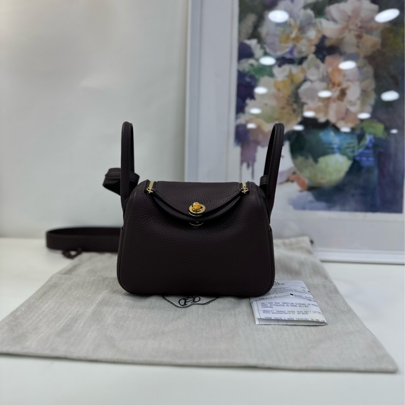 Hermes mini Lindy馬鞍紅金扣U刻全套帶票-0