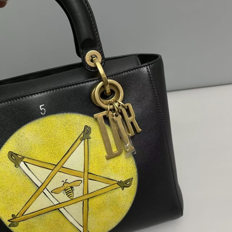 Dior迪奧 Lady Dior黑色全皮星座限量款五格戴妃包 手提包 肩背包-2