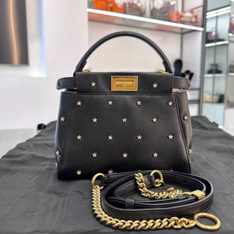 Fendi peekaboo 滿天星小貓包 黑色金扣小號 19*16 98新配件塵袋-0