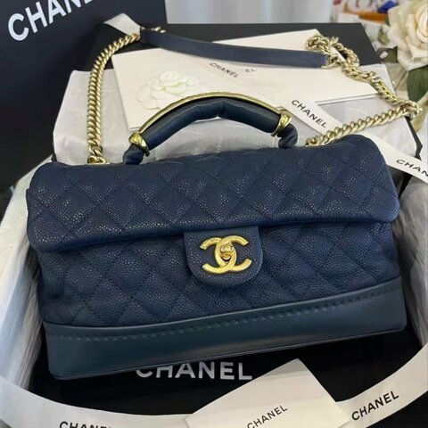 Chanel 海軍藍金色手柄荔枝紋手提斜背包 27*15*11 98新配件塵袋