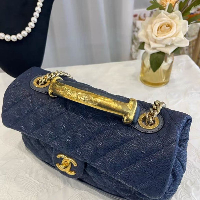 Chanel 海軍藍金色手柄荔枝紋手提斜背包 27*15*11 98新配件塵袋-2