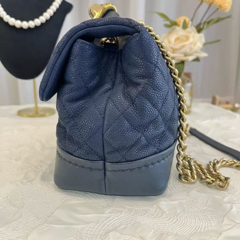 Chanel 海軍藍金色手柄荔枝紋手提斜背包 27*15*11 98新配件塵袋-5