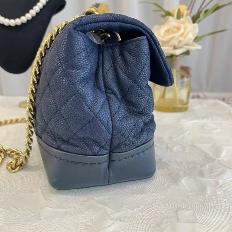 Chanel 海軍藍金色手柄荔枝紋手提斜背包 27*15*11 98新配件塵袋-6
