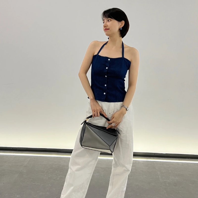 LOEWE Puzzle納帕小牛皮手袋 - 中號拚色灰藍-1