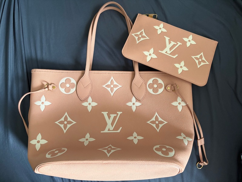 路易威登 LV Neverfull MM 托特袋，粉白色配拉鍊小袋，正品-0