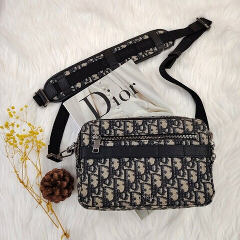 Dior Safari 米色拼藍色 老花 塗層帆布拼牛皮 銀標 信使包
