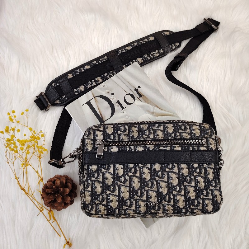 Dior Safari 米色拼藍色 老花 塗層帆布拼牛皮 銀標 信使包-0