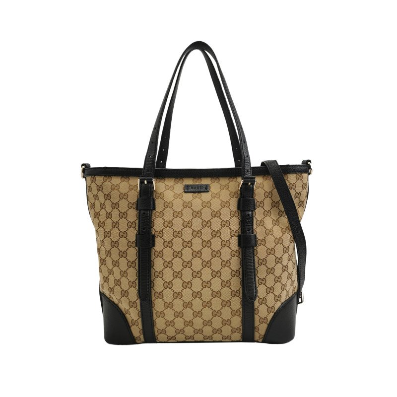 Gucci 牛皮 帆布 雙G 老花 皮標 Logo 手提包 單肩包-0