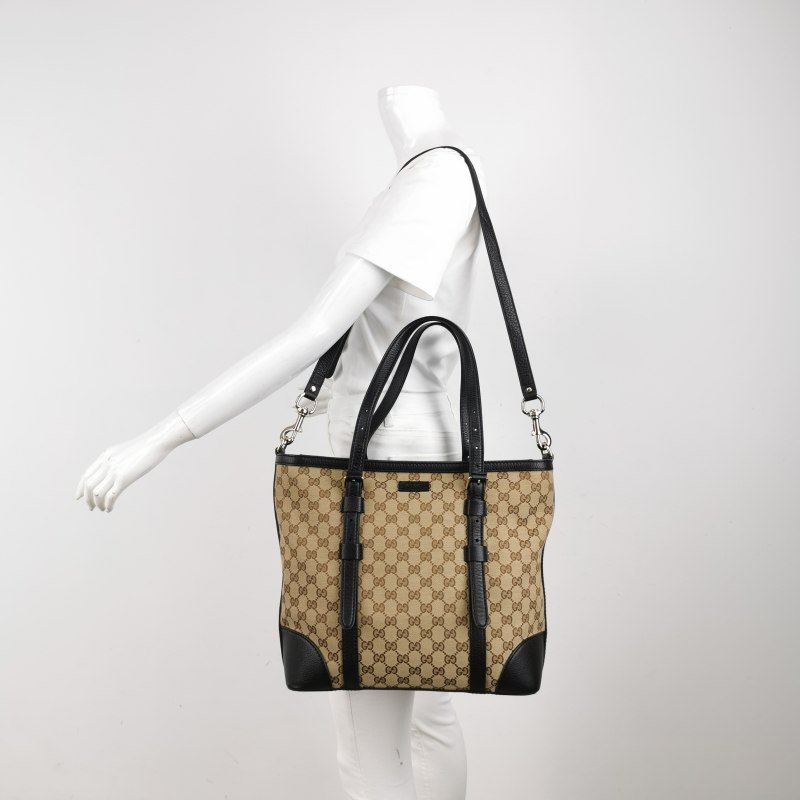 Gucci 牛皮 帆布 雙G 老花 皮標 Logo 手提包 單肩包-1