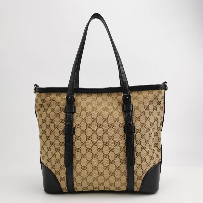Gucci 牛皮 帆布 雙G 老花 皮標 Logo 手提包 單肩包-3