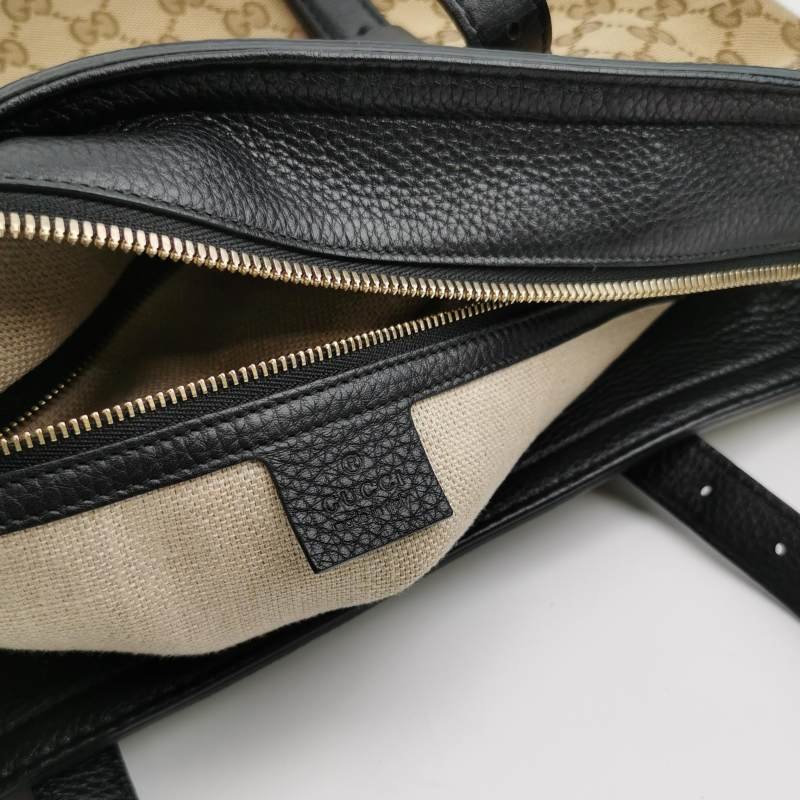 Gucci 牛皮 帆布 雙G 老花 皮標 Logo 手提包 單肩包-6
