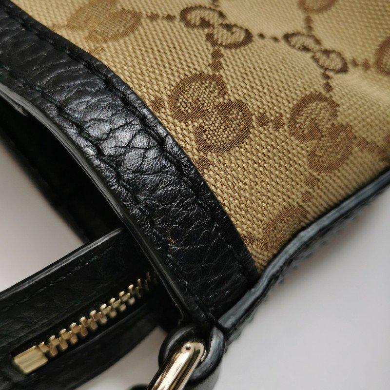 Gucci 牛皮 帆布 雙G 老花 皮標 Logo 手提包 單肩包-15