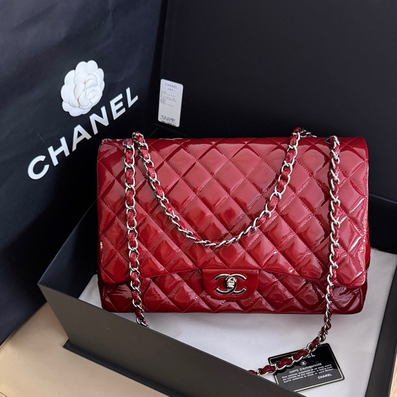Chanel紅銀漆皮cf maxi單肩包 14開 尺寸23*33*10cm-0