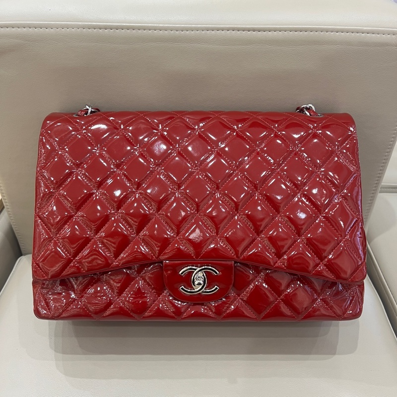 Chanel紅銀漆皮cf maxi單肩包 14開 尺寸23*33*10cm-3