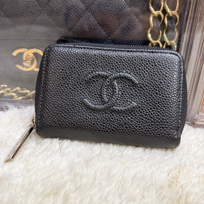 未使用品🏅98新✨香奈兒chanel荔枝皮 黑銀 小錢包 零錢包 卡夾 拉鏈錢包-0