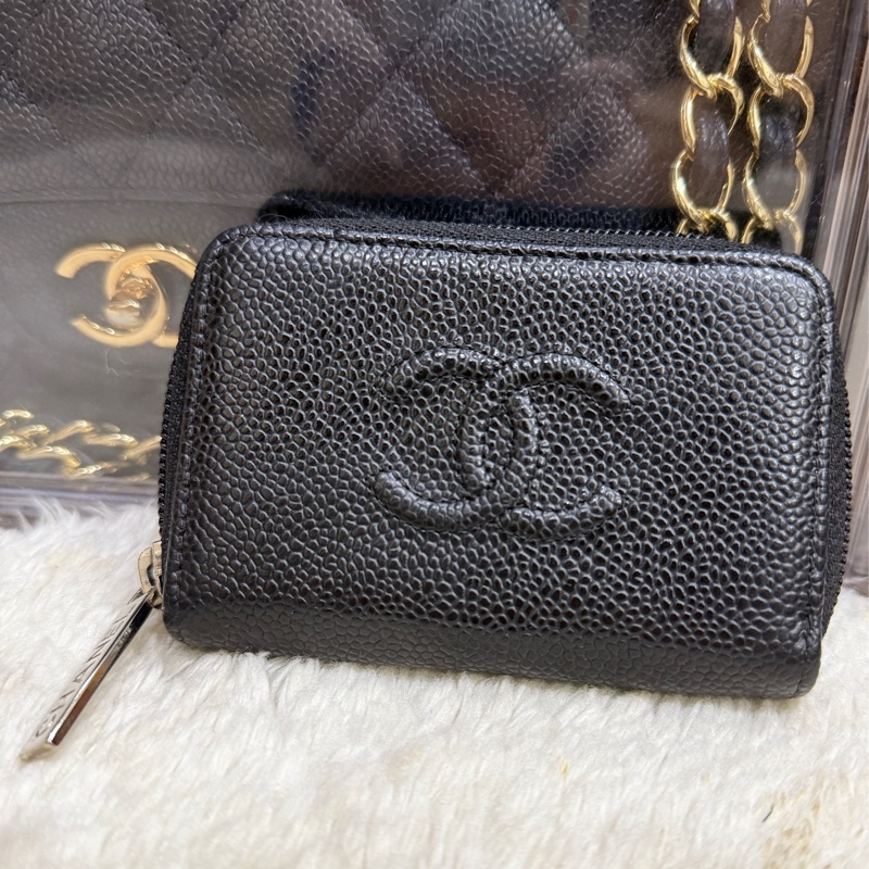 未使用品🏅98新✨香奈兒chanel荔枝皮 黑銀 小錢包 零錢包 卡夾 拉鏈錢包-21
