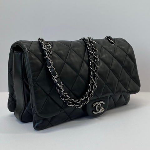 CHANEL/香奈兒黑銀CF羊皮單肩斜跨風琴包  28*18*8