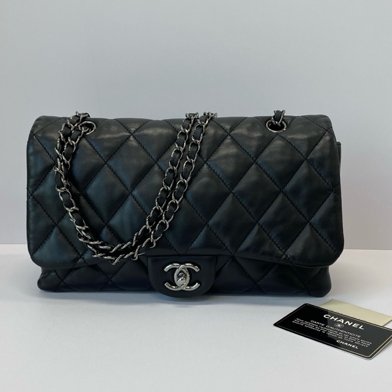 CHANEL/香奈兒黑銀CF羊皮單肩斜跨風琴包  28*18*8-1