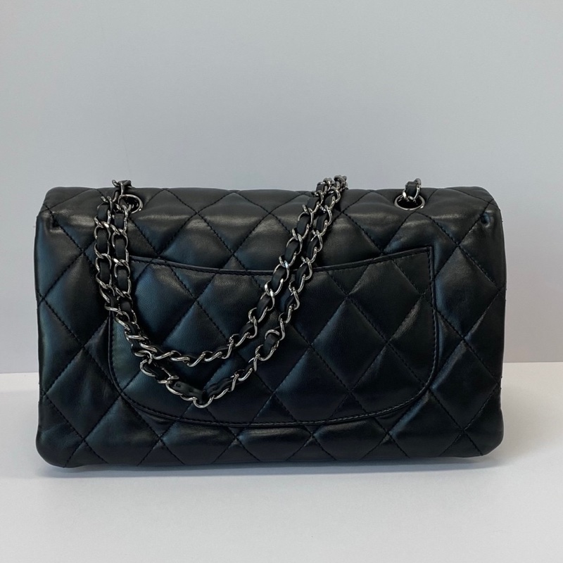 CHANEL/香奈兒黑銀CF羊皮單肩斜跨風琴包  28*18*8-2