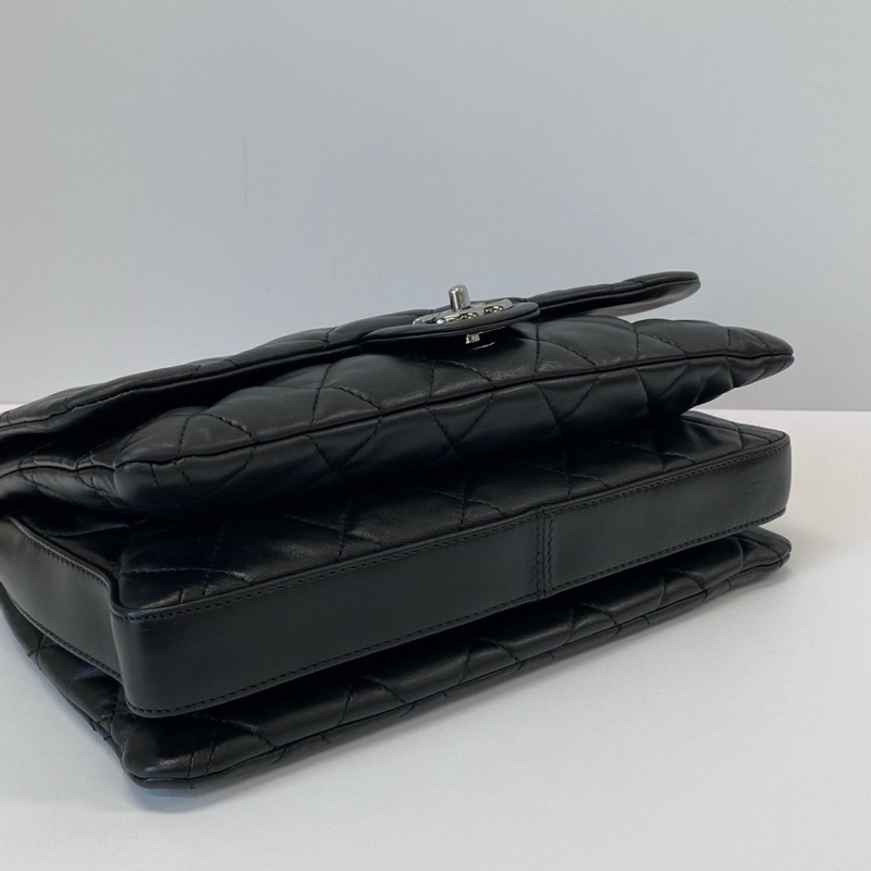 CHANEL/香奈兒黑銀CF羊皮單肩斜跨風琴包  28*18*8-3