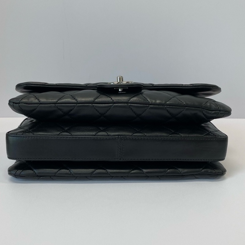 CHANEL/香奈兒黑銀CF羊皮單肩斜跨風琴包  28*18*8-4