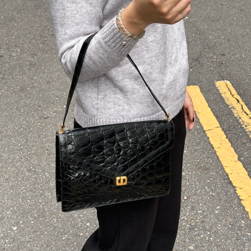 （真鱷魚皮🐊） Dior 黑金鱷魚皮 亮面鱷 肩背+腋下包-18
