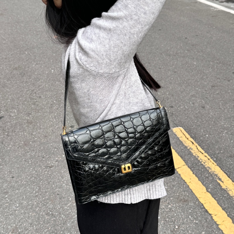 （真鱷魚皮🐊） Dior 黑金鱷魚皮 亮面鱷 肩背+腋下包-20