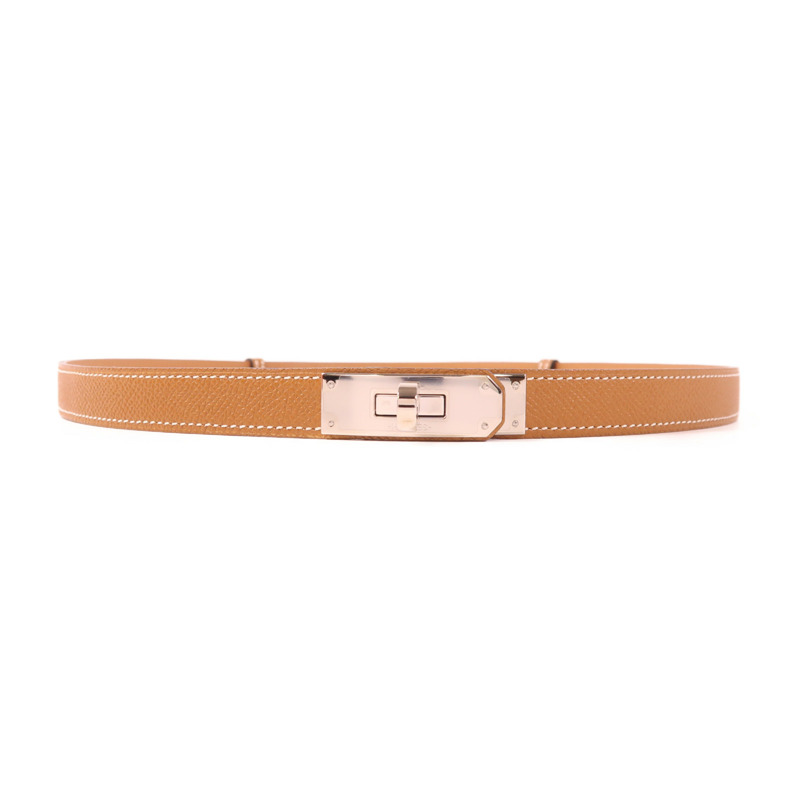 HERMES Epsom皮革Kelly 18 Belt銀扣皮帶Gold-0