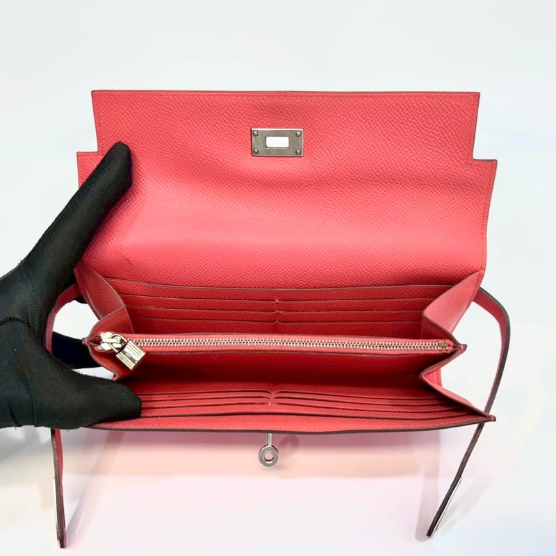 Hermes齊普爾玫瑰粉(T5)銀釦kelly長夾-9